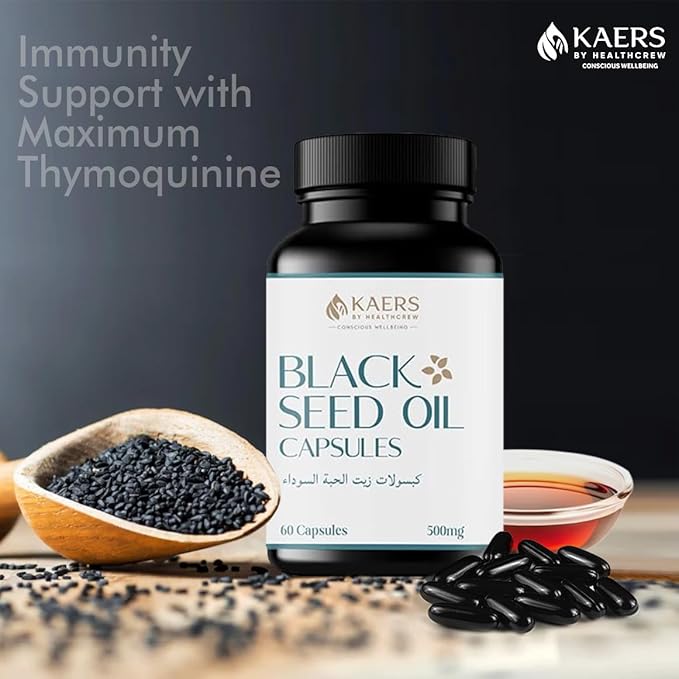 Black Seed Oil Capsules with black seeds and oil on a dark background indicating immunity support with maximum thymoquinone