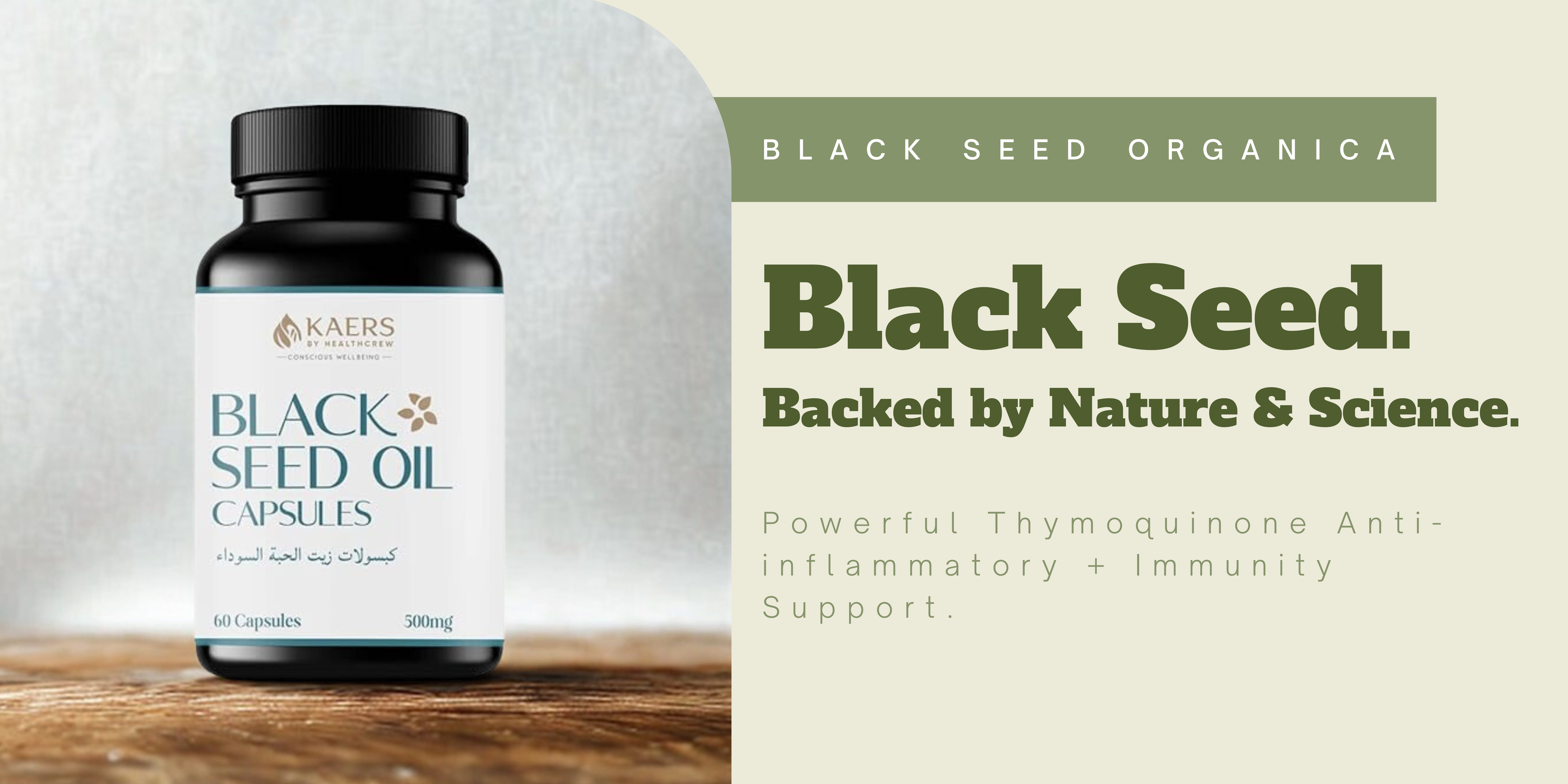 Black Seed Oil capsules bottle by Black Seed Organica, a banner describing its benefits