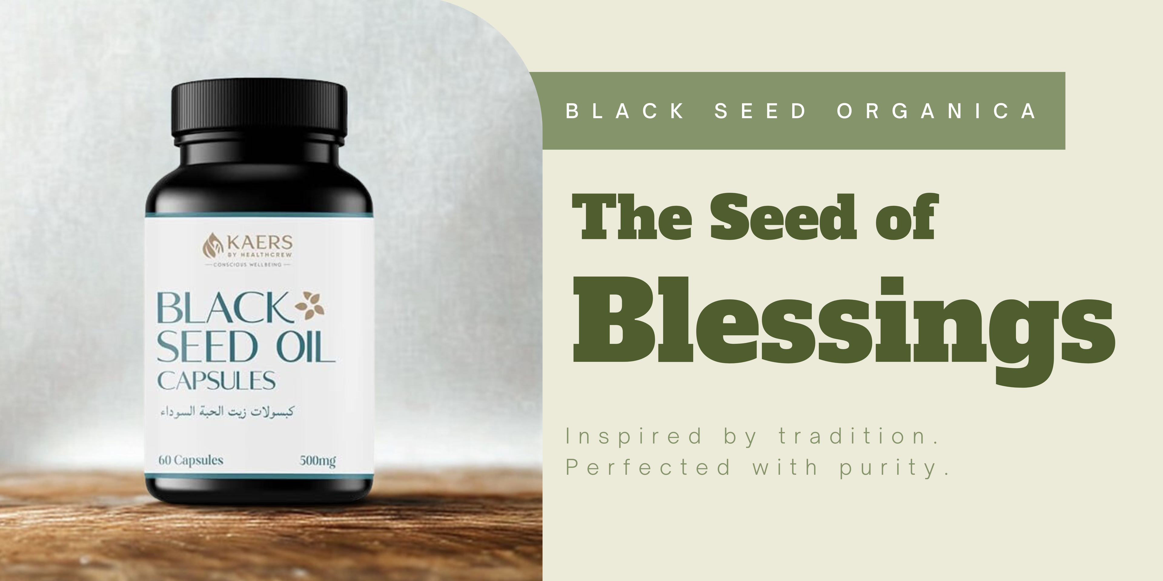 Black Seed Oil capsules bottle by Black Seed Organica, a banner describing its benefits