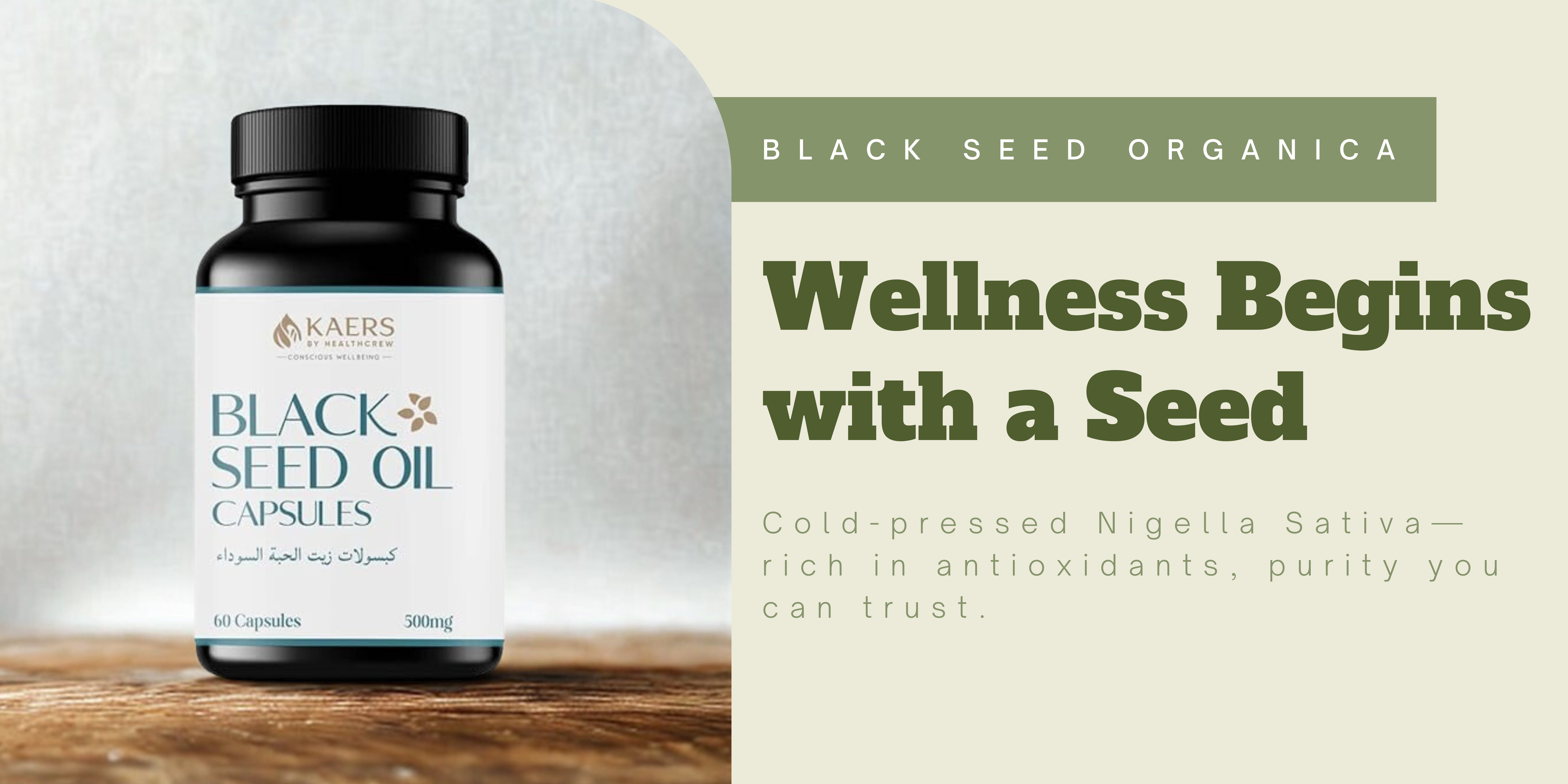 Black Seed Oil capsules bottle by Black Seed Organica, a banner describing its benefits