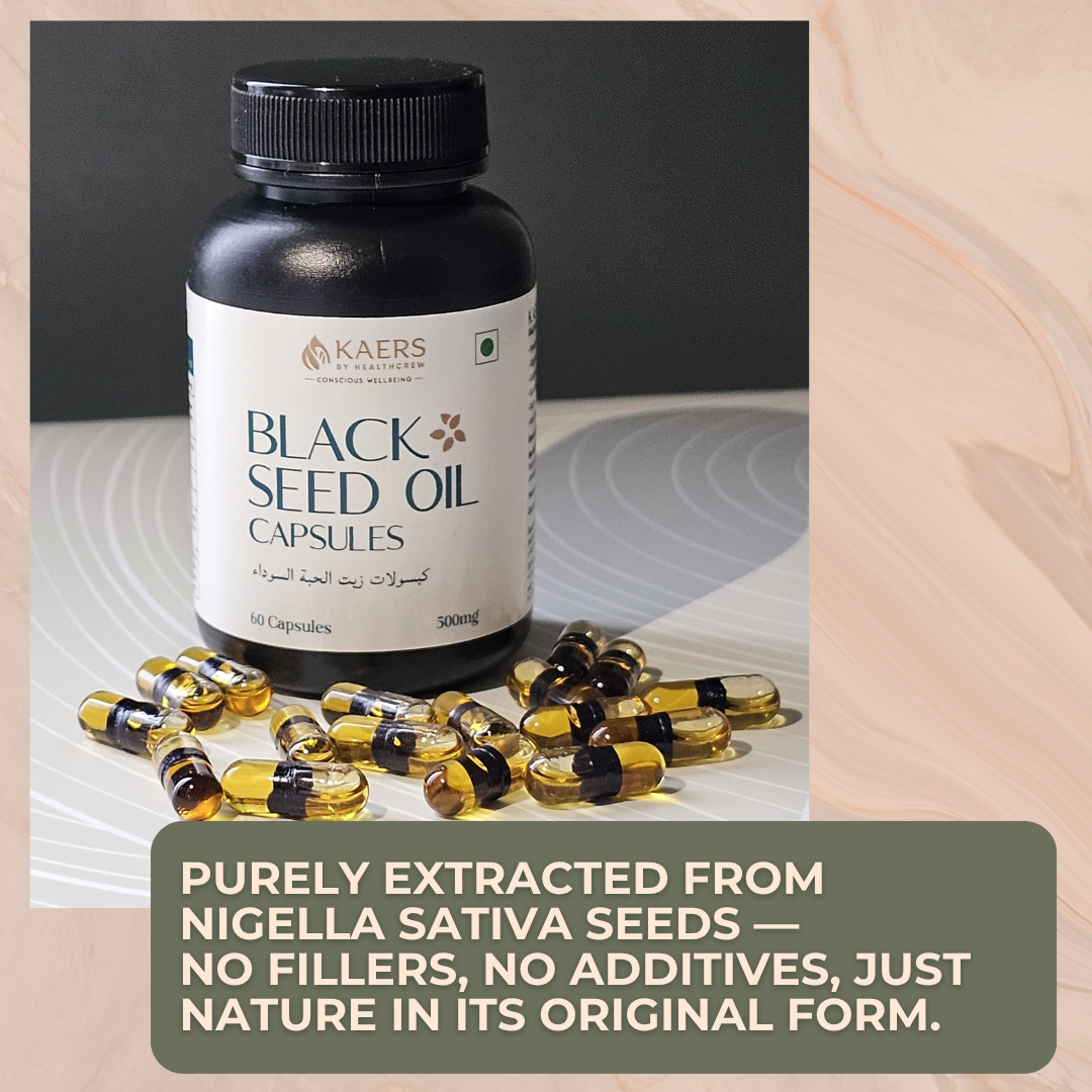 Black seed oil capsules with a bottle informing about no additives, purely natural nature of the product