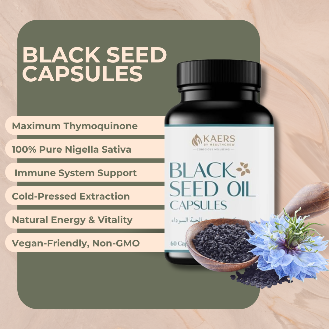 Black Seed Oil capsules with product details and benefits