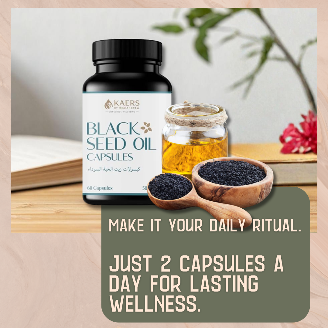 Kaers Black Seed Oil Capsules with black seed in wooden spoons describing dosage of 2 capsules per day for lasting wellness