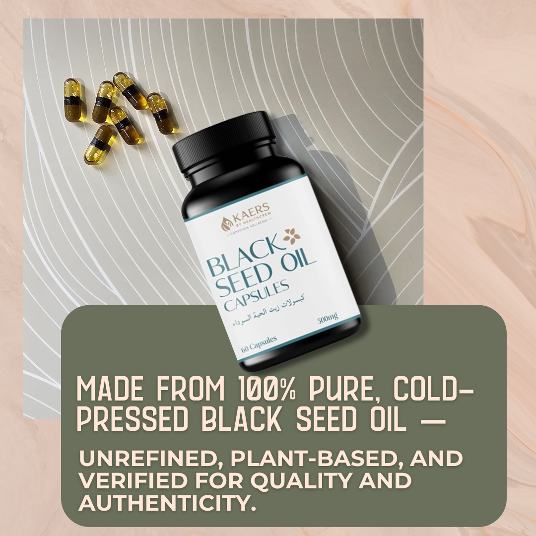 Black seed oil capsules bottle with text about purity