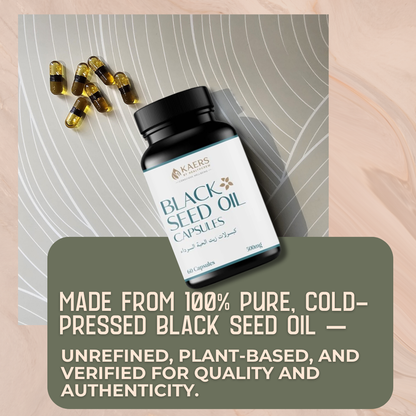 Black seed oil capsules bottle with text about purity