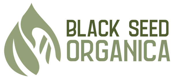 Black Seed Organica Logo, imagery of a leaf with a hand and the brand name- showing wellness, health and purity