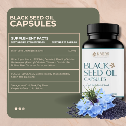 Black Seed Oil Capsules with supplement facts label, ingredients, suggested usage and storage instructions