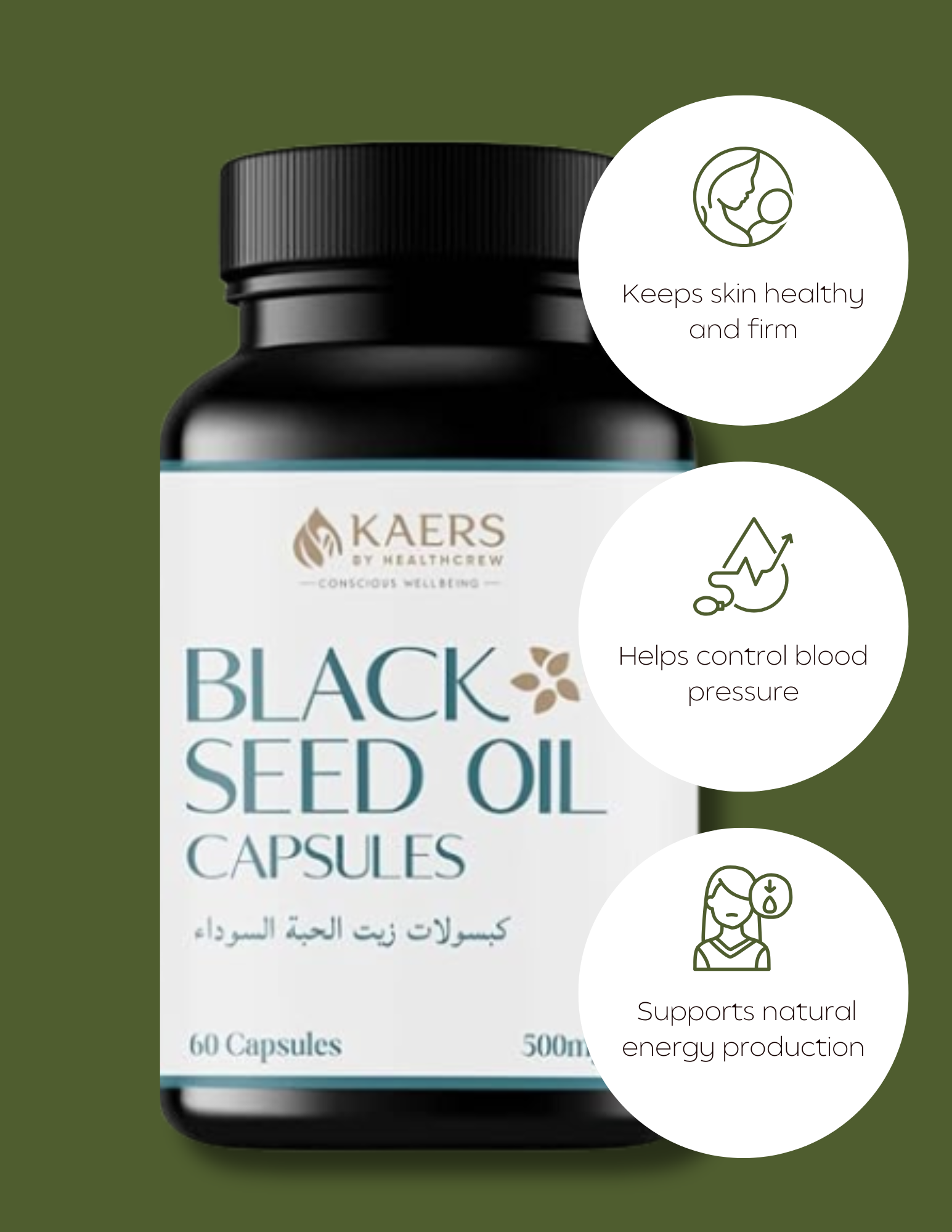 Black Seed Oil Capsules bottle with health benefits on a green background