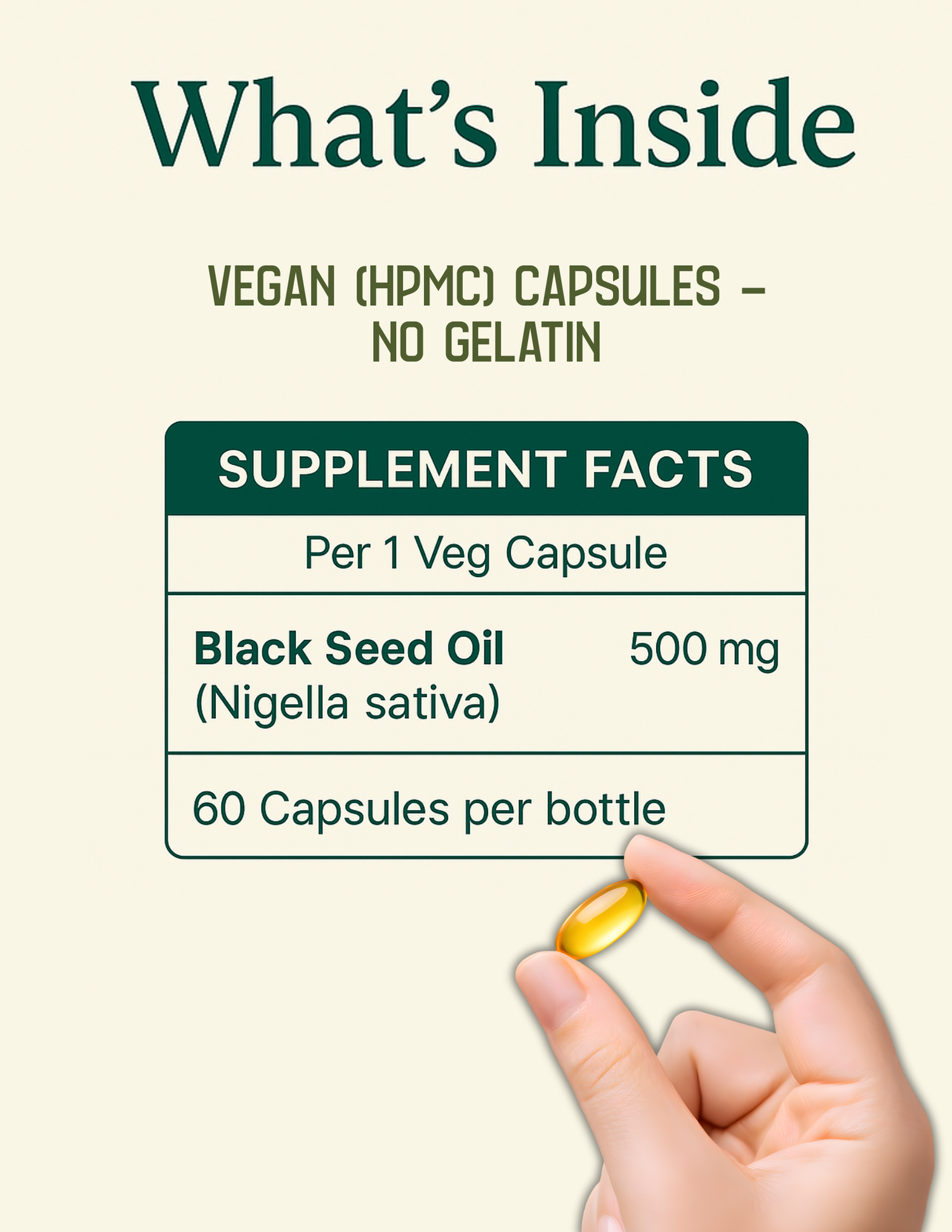 Supplement label with black seed oil content and a hand holding a capsule.